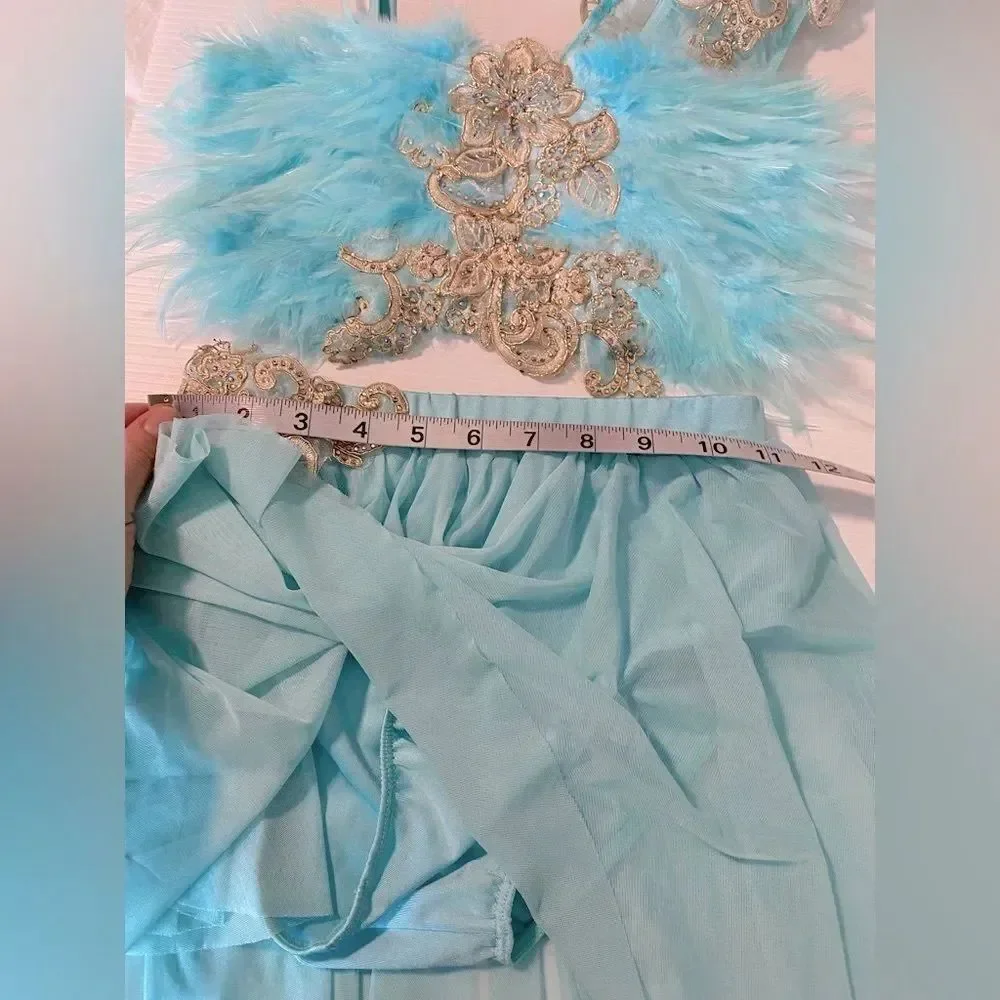 Glamour Solo Dance Costume Aqua Blue Feather jazz Broadway 2 Piece XLC Child SA